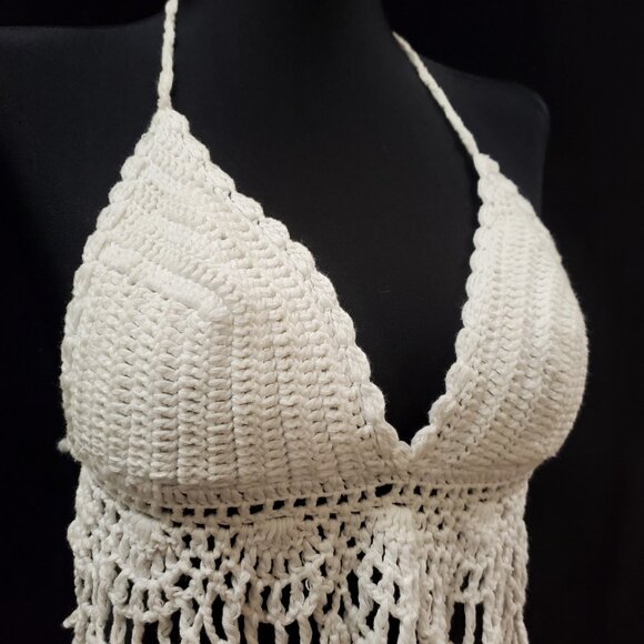 Womens Coachella Festival Fringe Crochet Halter Top Size XXS White Cropped Beach - Picture 2 of 11